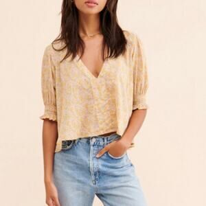 Women's Urban Outfitters Yellow Floral Women's Top Puff Sleeve Hi Low